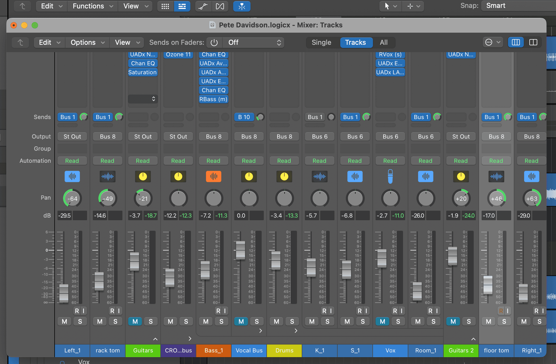 Logic Pro pan automation showing stereo movement from left to right