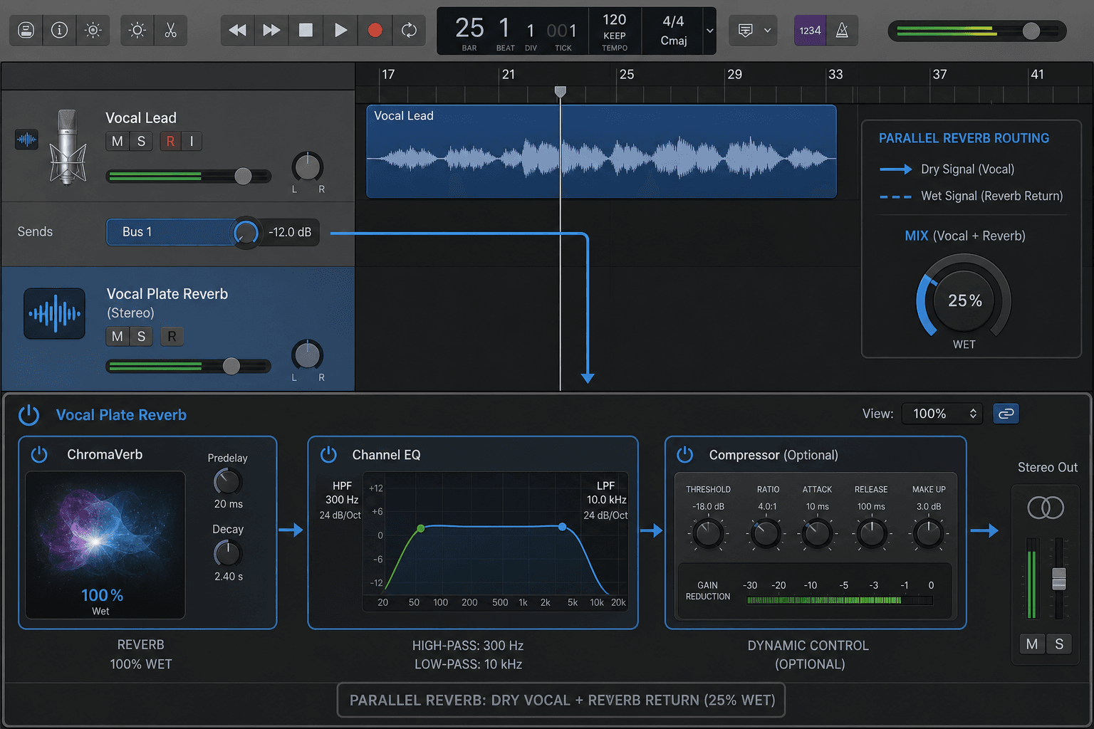 Logic Pro reverb plugin with decay time automation changing between sections