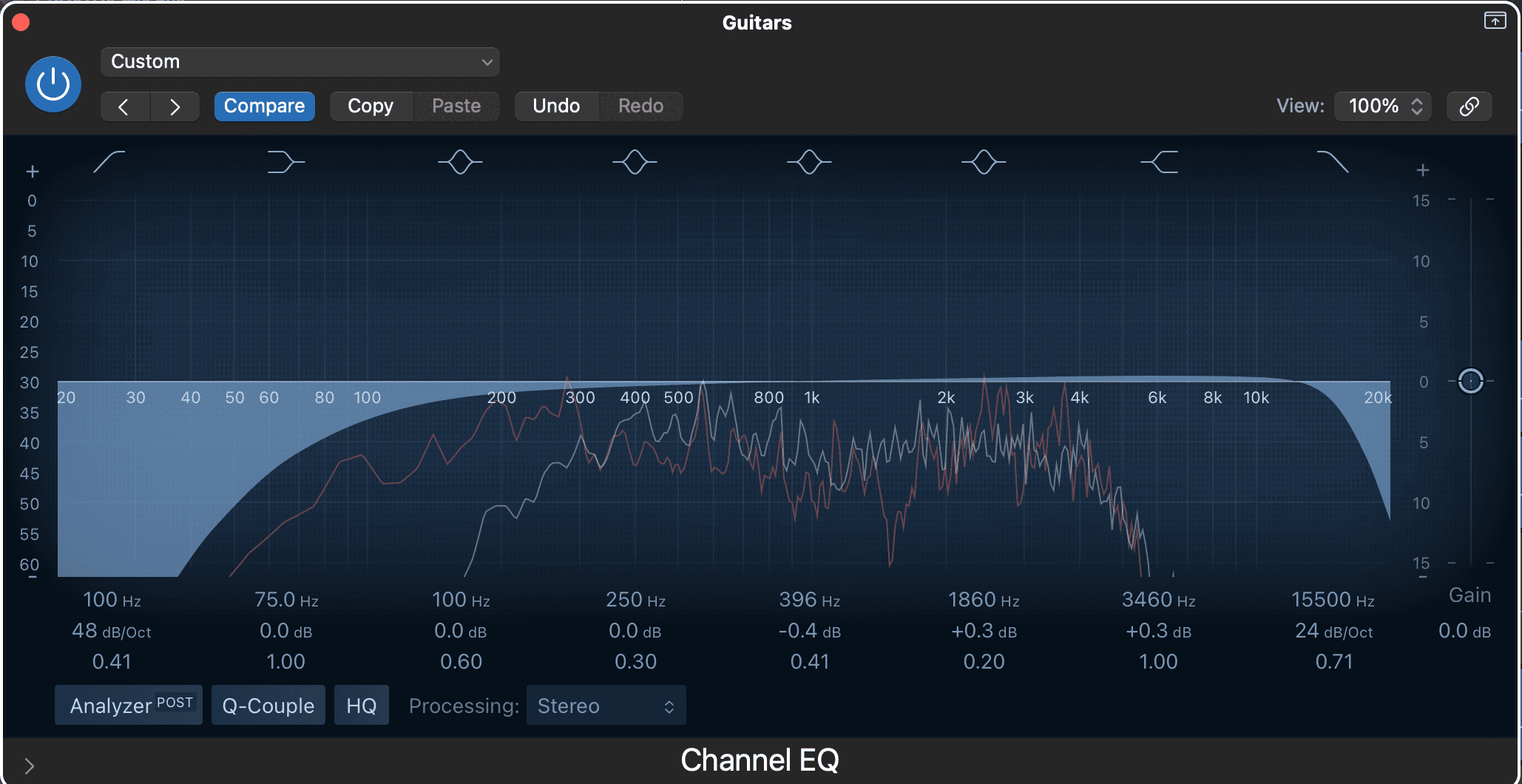 Logic Pro EQ plugin showing multiple frequency band automation lanes