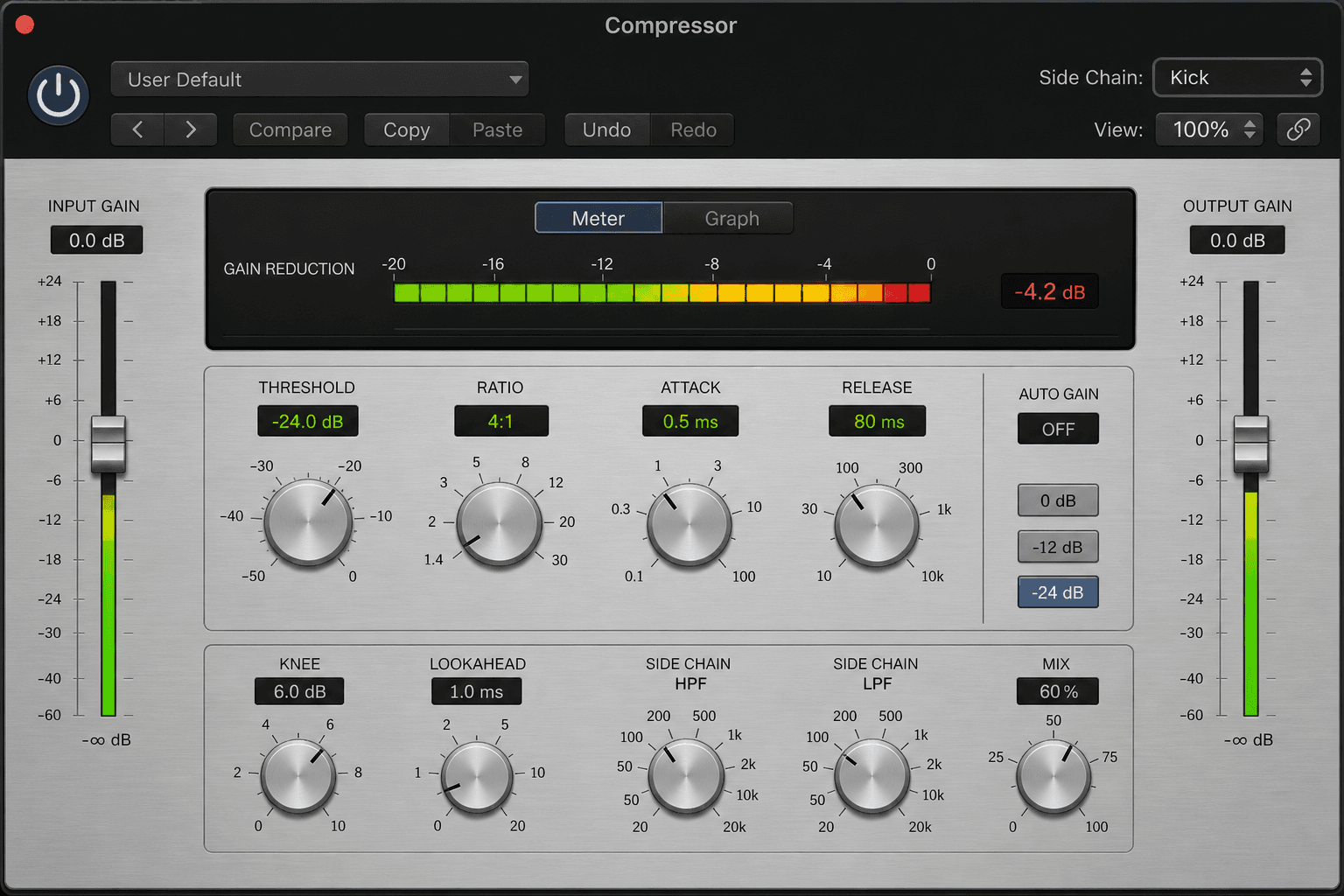 Logic Pro transient designer showing attack and sustain automation